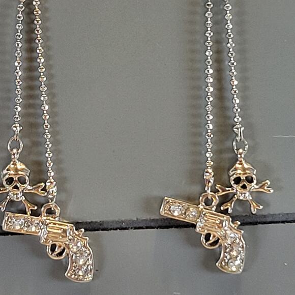 Hot Topic Silver Tone Skull Gun Dangle Earrings Punk Chain Jewelry 2.88" Punk - Picture 7 of 10